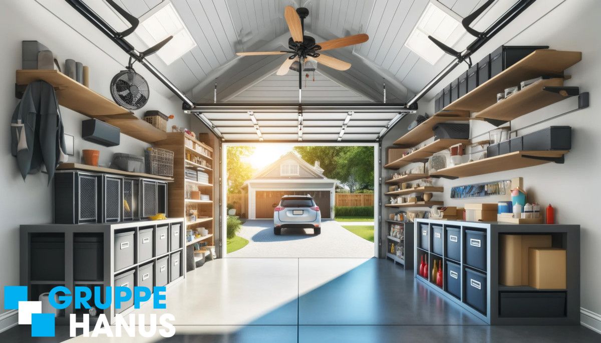 Organisierte, moderne Garage im Sommer mit offenen Türen, Deckenventilator und guter Isolierung, die kühle Luft hineinlässt.